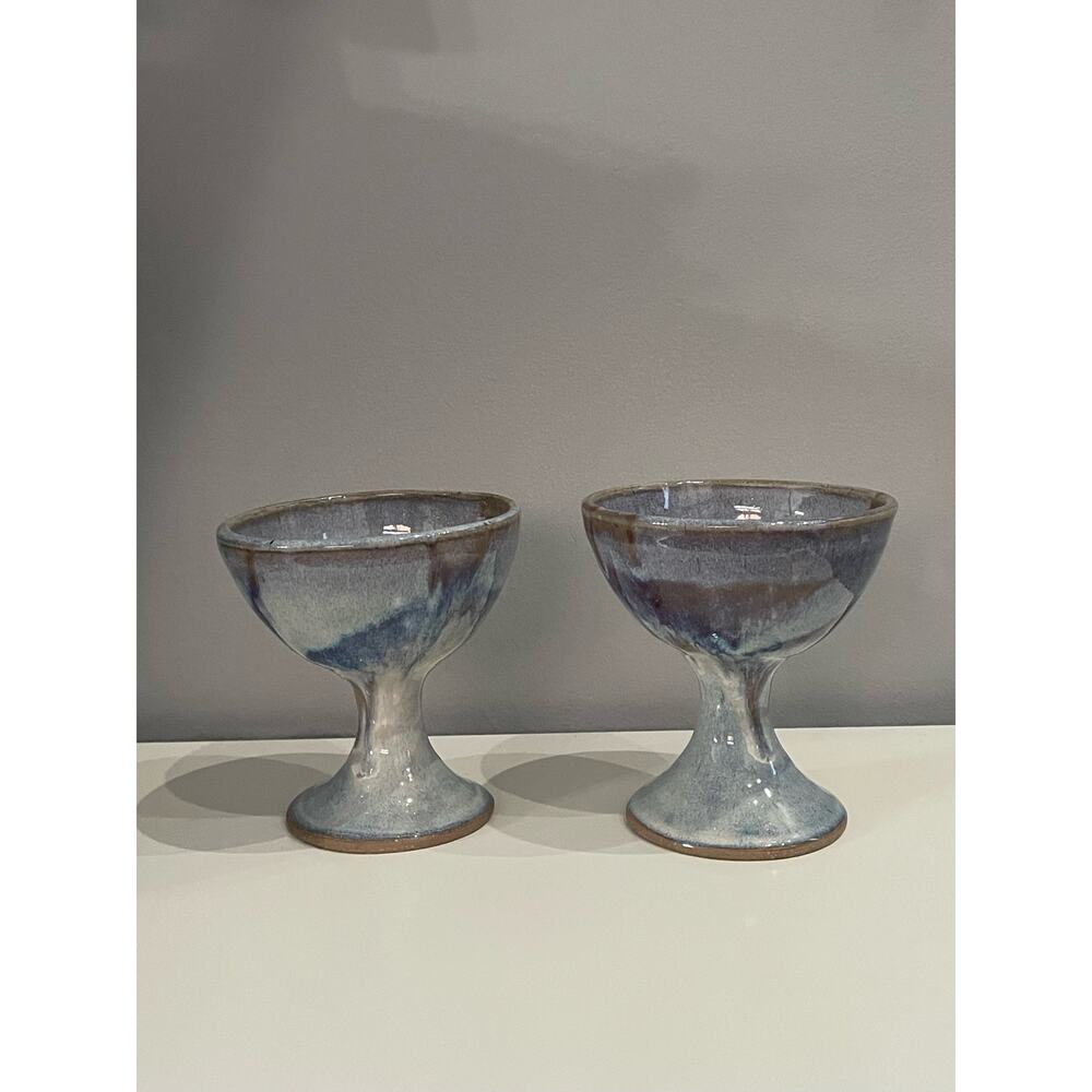 2 Wine Glass Pottery Goblets Cup Chalice Hand Thrown Blue-Brown Shades Stoneware
